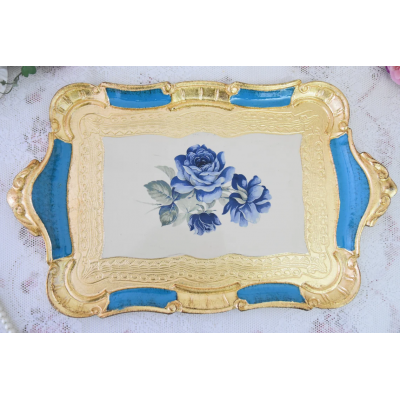 Italian serving tray with handles and blue floral decorations
