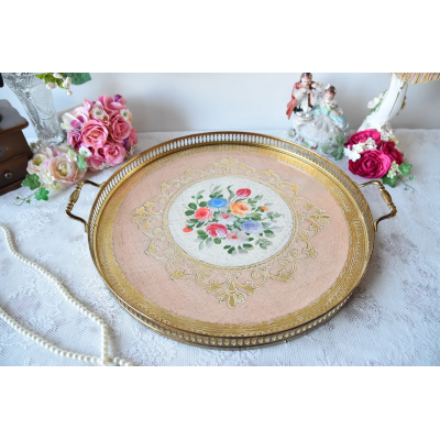 Large Florentine pink round decorative tray with handles and chain edge