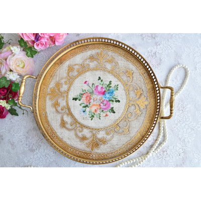 Large Florentine round decorative tray with handles and chain edge