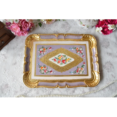 Handmade Italian wooden tray purple colour with rectangular shape and handpainted decorations