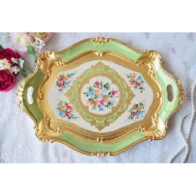 Vintage Green Tray, Vintage Gold Tray, Ornate Small Tray for Table, Green Florentine Tray with Handles, Antique Gold Tray