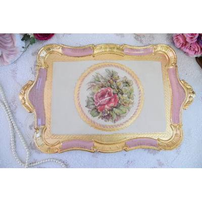Wooden serving pink colour tray with handles