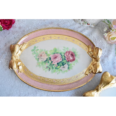 Handmade Italian wooden tray pink oval with roses decorations