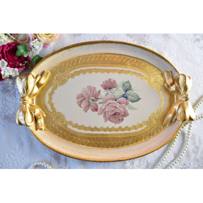 Italian oval decorative tray with handles and floral decor for coffee table