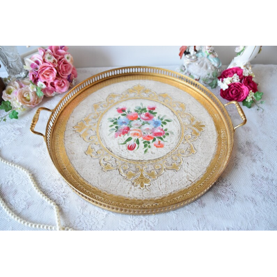 Large Italian round white tray for coffee table with handpainted decorations