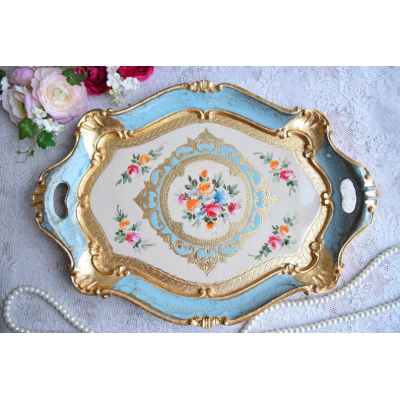 Original handmade Italian blue wooden tray with handpainted decorations smaller