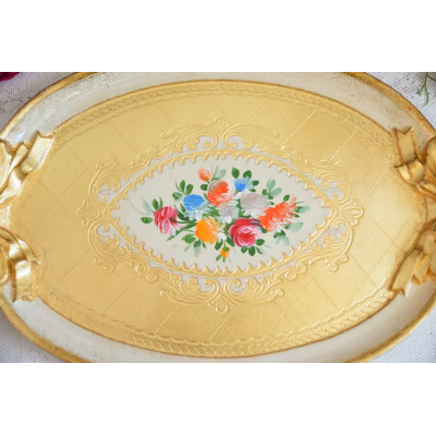 Handmade Italian wooden tray oval in ivory colour with handpainted decorations