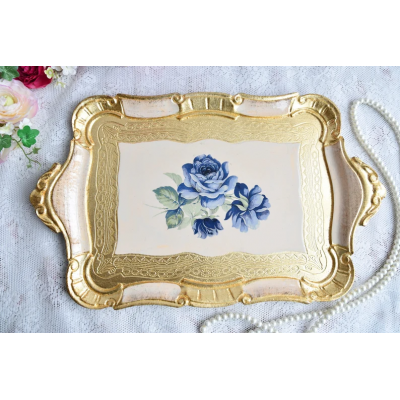 Italian decorative serving tray with handles and blue flowers
