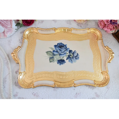 Handmade Italian wooden tray white with blue roses