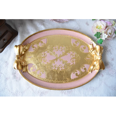 Handmade Italian wooden tray oval pink colour with golden decorations