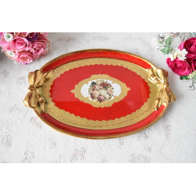 Handmade Italian wooden tray red oval with flower illustration and ribbon handle