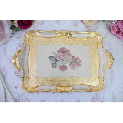 Handmade Italian wooden tray in ivory colour with roses