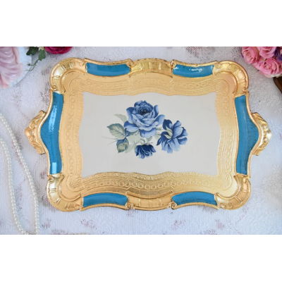 Handmade Italian wooden tray in blue colour and blue roses