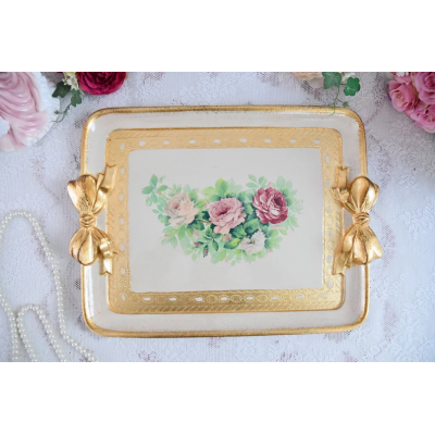 Handmade Italian wooden tray rectangular shape ivory color with roses