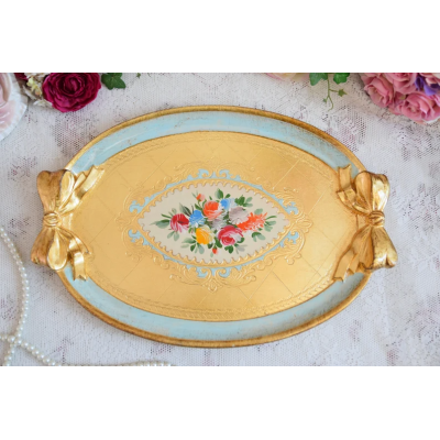 Blue Florentine oval tray for coffee table with handpainted floral and gold decoration