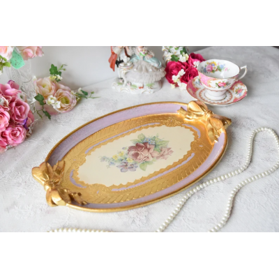 Handmade Italian wooden tray purple oval with roses decorations