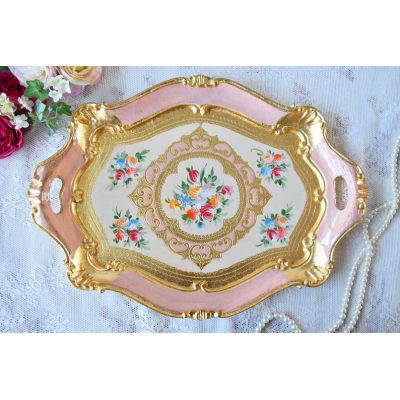 Handmade Italian Florentine pink serving tray with handles and hand painted decorations