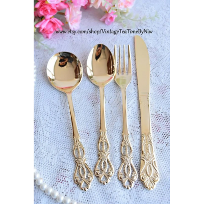 Vintage dinner spoon set golden color dinner spoon soup spoon dinner fork dinner knife