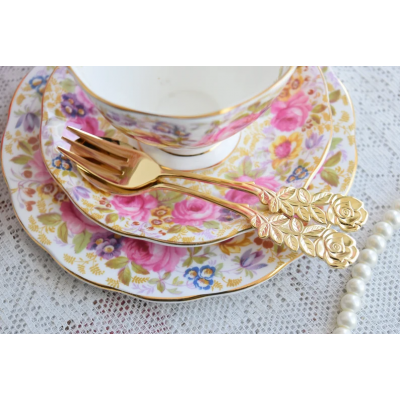 Vintage style tea and coffee spoon and fork set with rose decoration