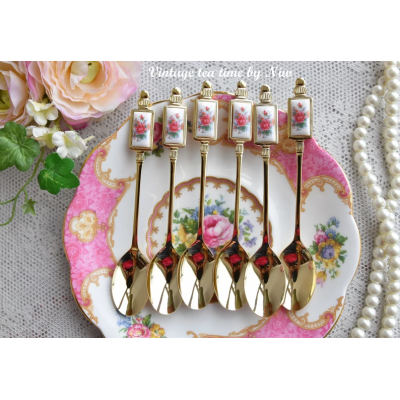 Vintage spoon stainless steel set golden color plating tea and coffee spoons and forks