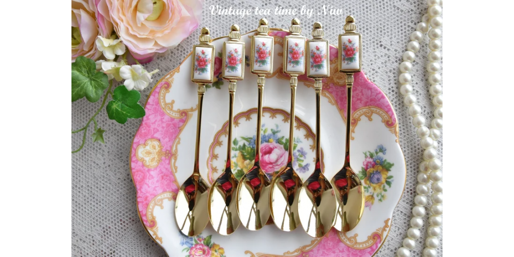 Vintage style coffee spoon set for six with pink flowers