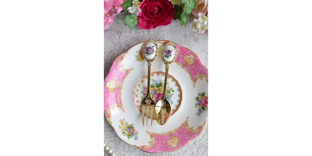 Vintage inspired style fork and spoon set with purple flowers
