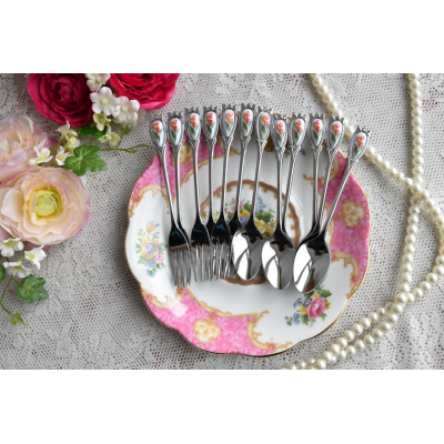 Vintage style coffee spoon and fork set for six in silver color with floral decoration