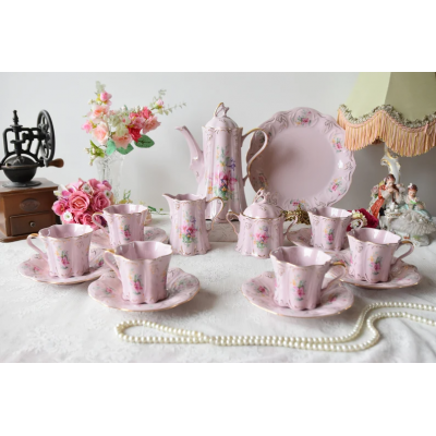 Pink porcelain coffee set for six