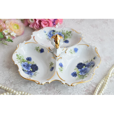 Vintage three sections porcelain bowl by QC with blue flowers