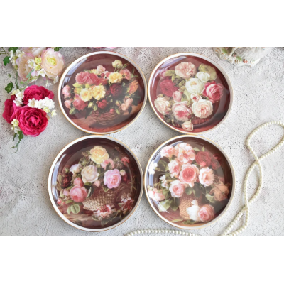 Vintage porcelain brown plate set Karolina Poland with flowers