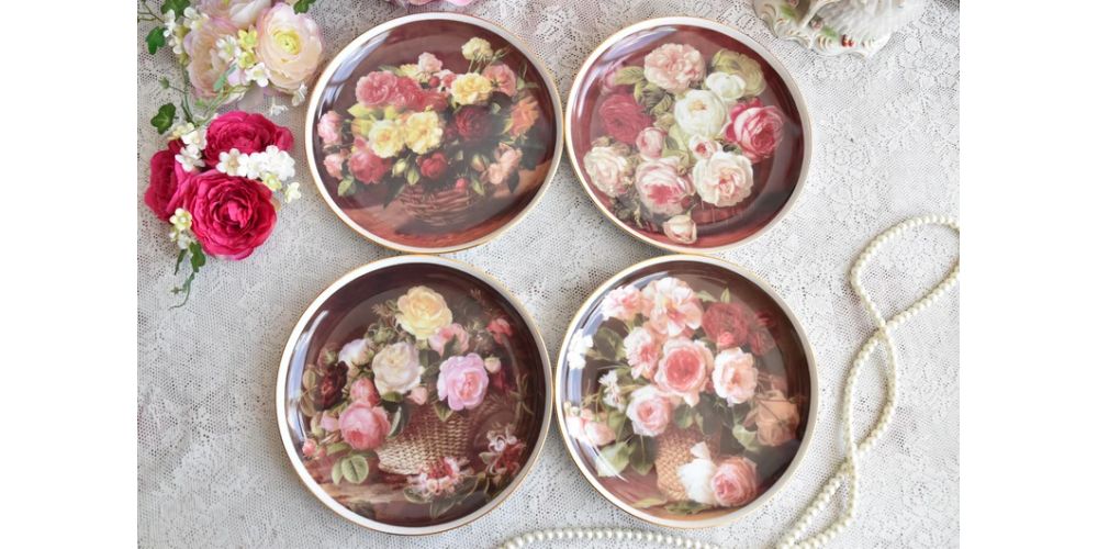 Vintage porcelain brown plate set Karolina Poland with flowers