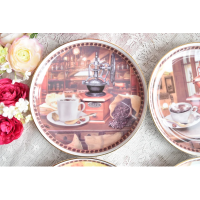 Karolina vintage illustrated porcelain dessert plate set with coffee grinders