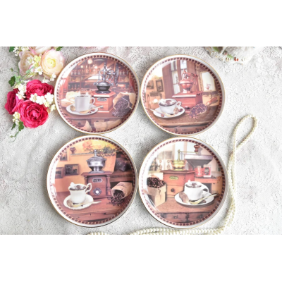 Karolina vintage illustrated porcelain dessert plate set with coffee grinders