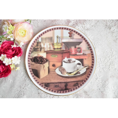 Vintage illustrated porcelain dessert plate with coffee grinder by Karolina