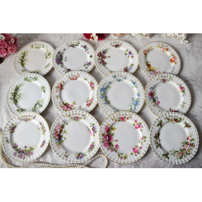 Full 12 person dessert plate set Flower of the month Royal Albert