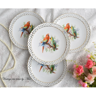 Vintage porcelain perfored plate set with parrots by Schumann Bavaria for four