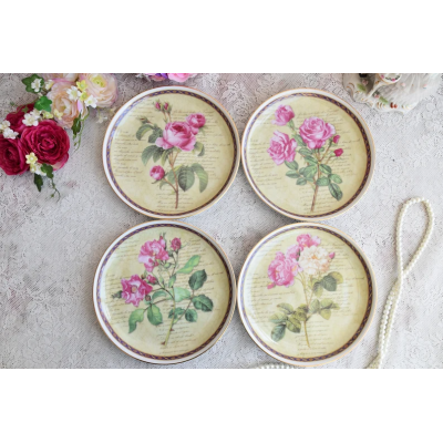 Vintage porcelain yellow plate set Karolina Poland with flowers