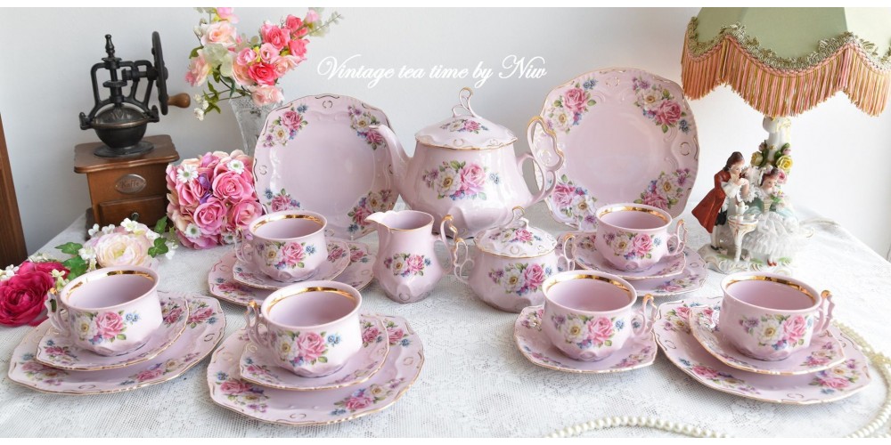 Pink porcelain tea set for six