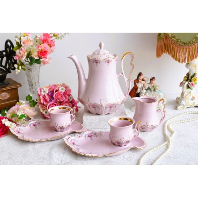 Pink porcelain coffee set with tennis saucers
