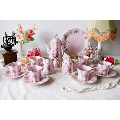 Pink porcelain coffee set for six with cake plate