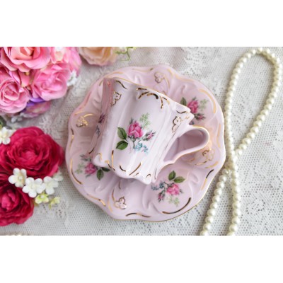 Coffee cup and saucer pink porcelain set
