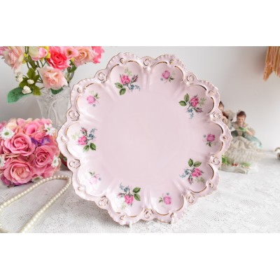 Pink porcelain cake plate with flowers