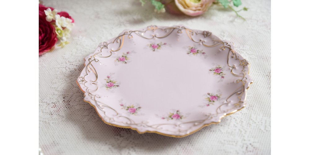 Pink porcelain plate with pink flowers