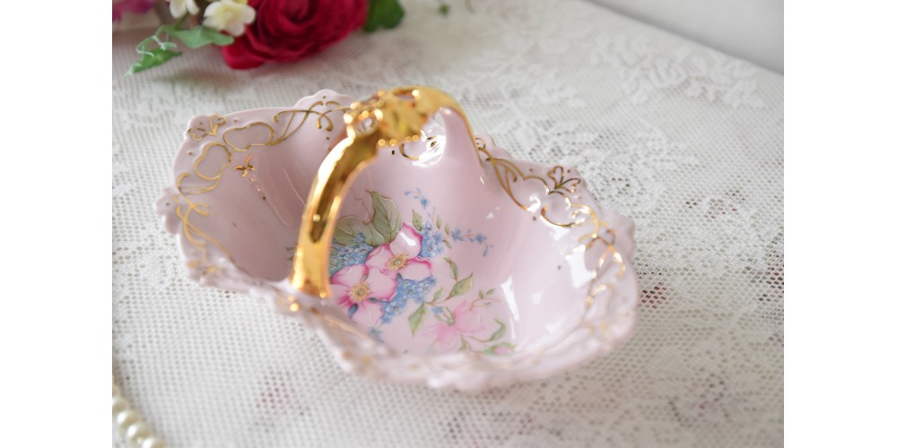 Pink porcelain basket with pink flowers decoration
