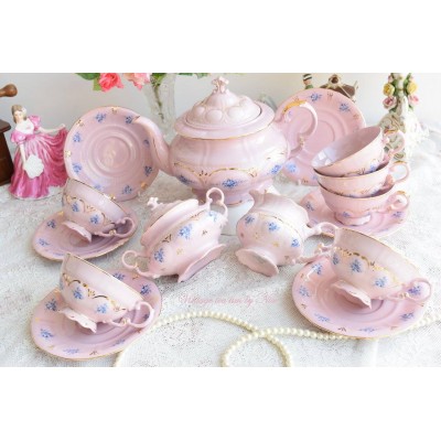 Collectibles china pink porcelain tea service set with blue flowers